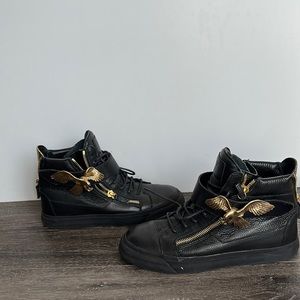 Black New Men Leather Double Zip & Gold Eagle High-top